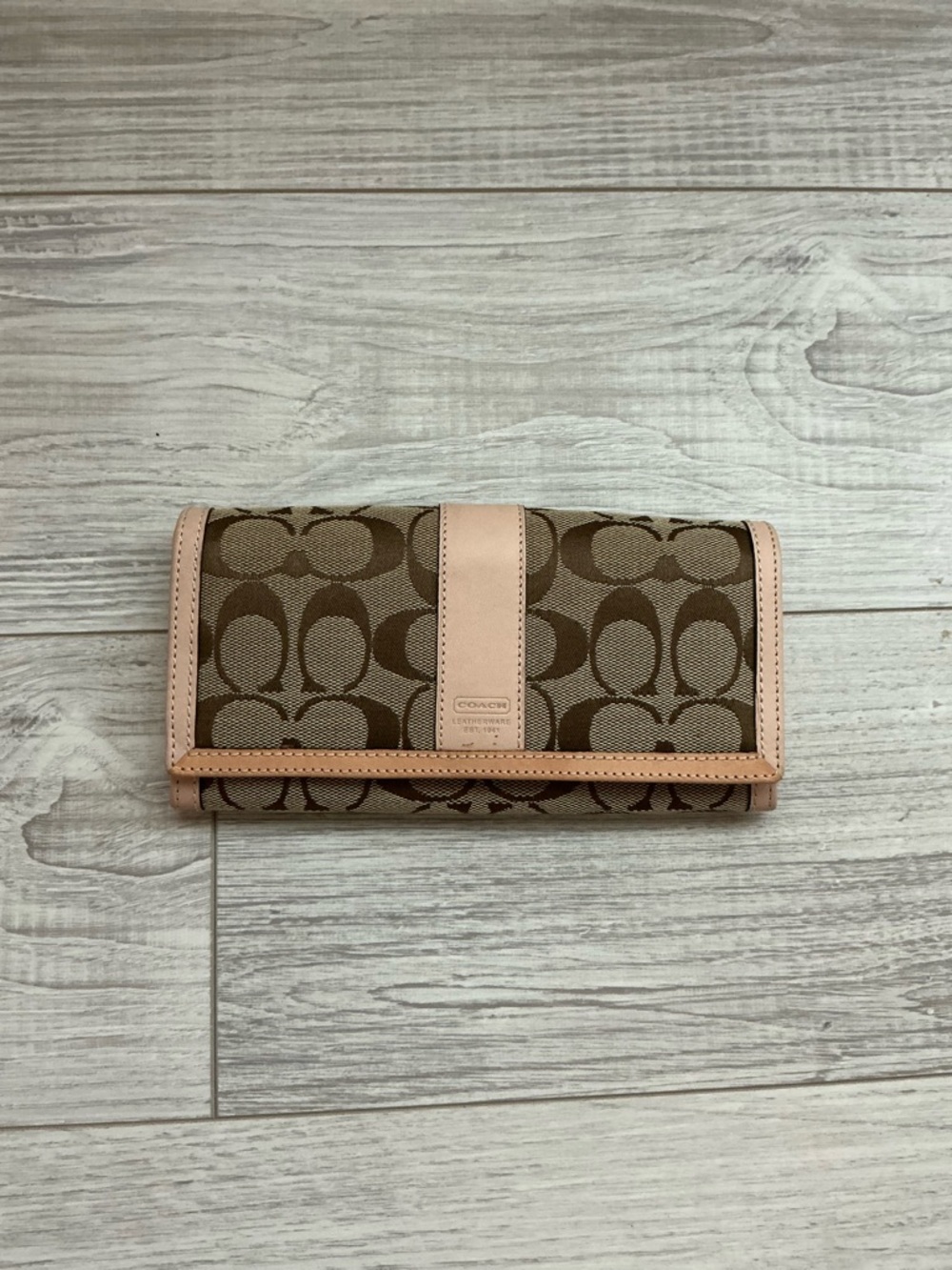 Coach Signature Canvas Trifold Wallet in Brown & Blush Pink
